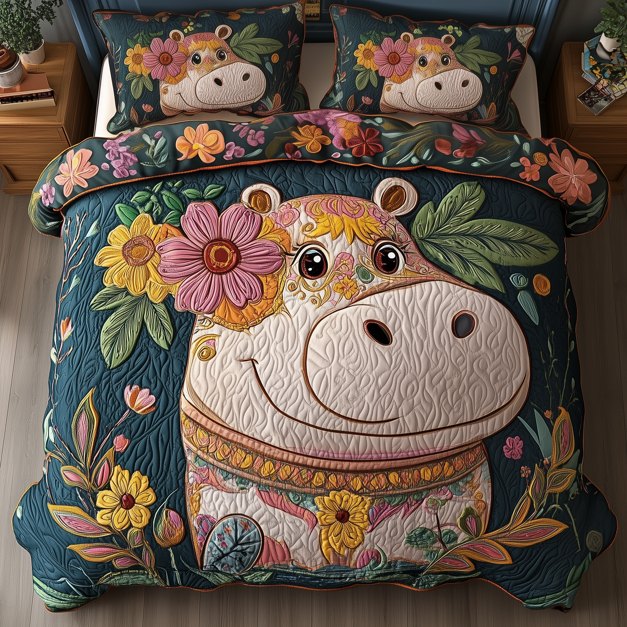 Whimsical Floral Hippo Quilted Bedding Set Whimsical Floral Collection Gift For Whimsical Floral - Tradiviet