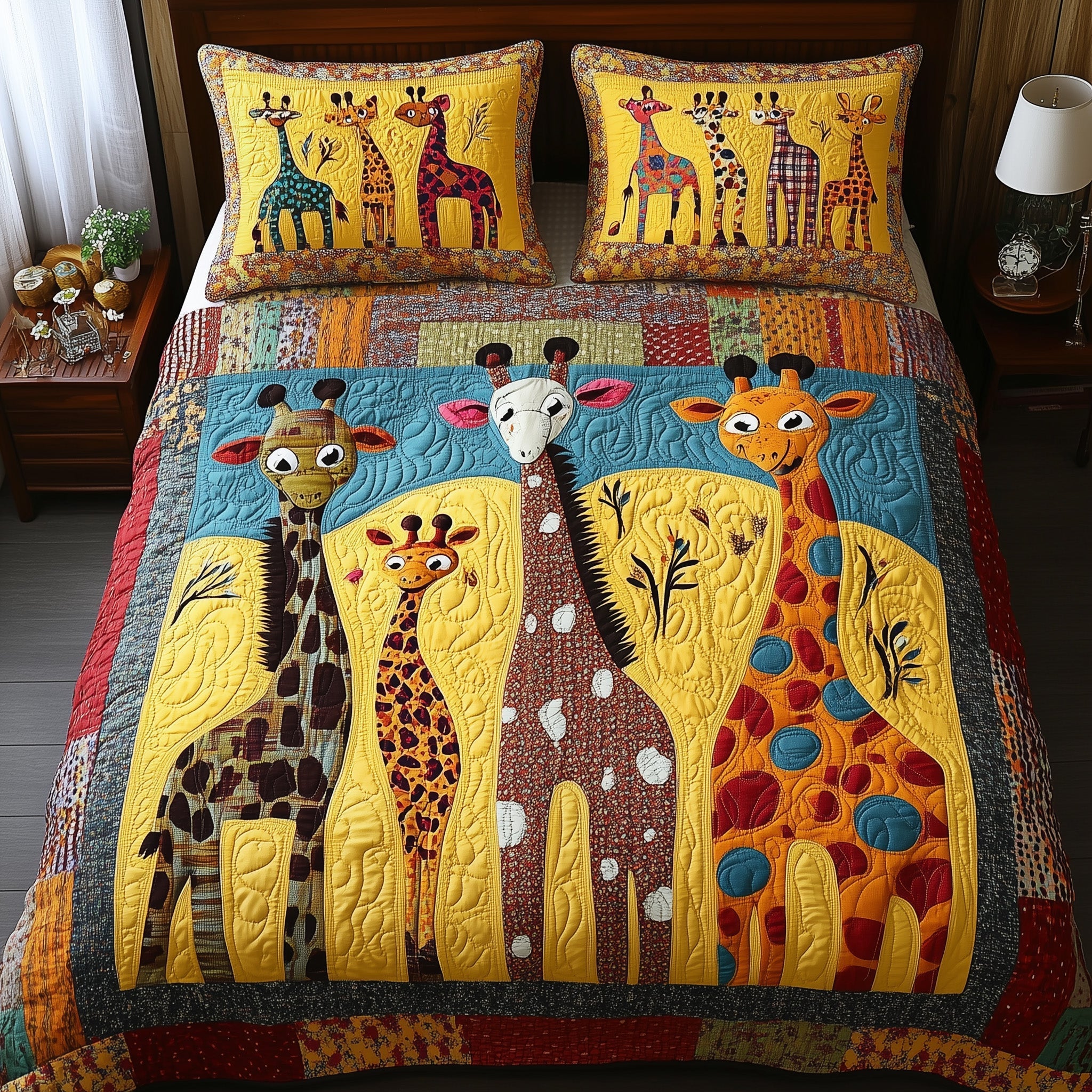 Whimsical Giraffes Quilted Bedding Set Whimsical Giraffes Showpiece Gift For Whimsical Giraffes - Tradiviet
