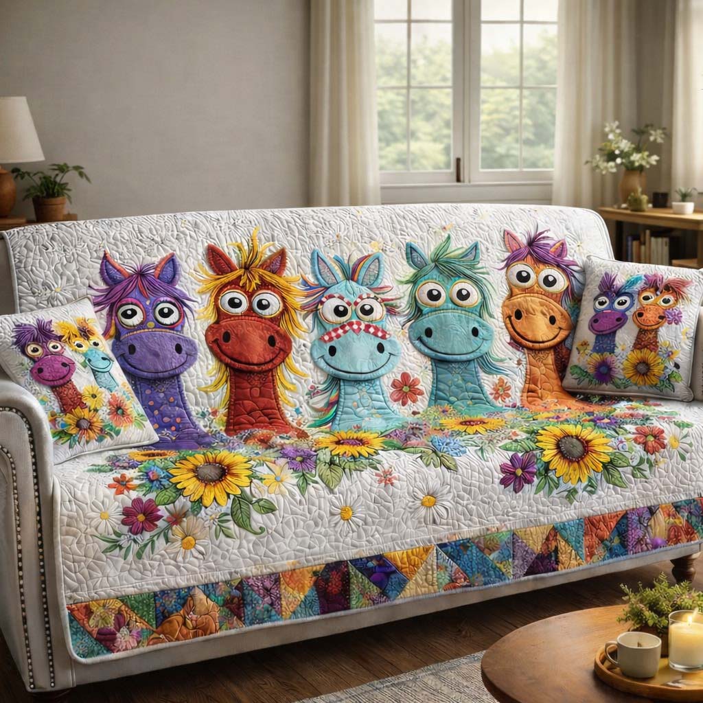 Whimsical Pony Row Quilted Sofa Cover Western Home Couch Cover Best Room Decor Gifts - Tradiviet