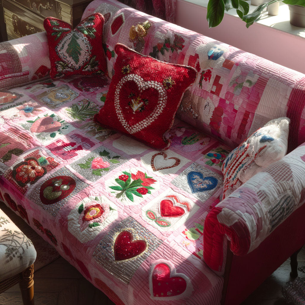 Whispering Hearts Quilted Sofa Cover Nice Couch Covers Valentine Day Gifts For Grandparents - Tradiviet