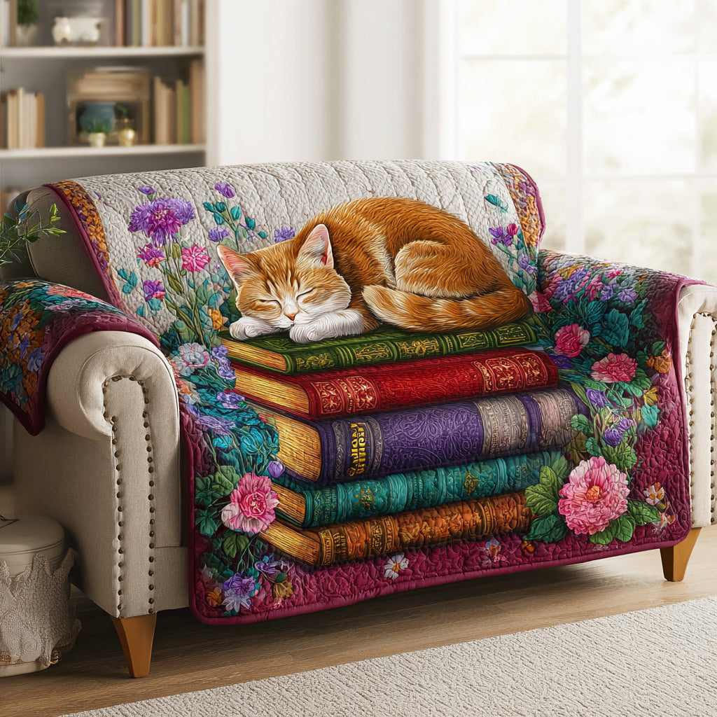 Whispering Pages Cat Quilted Sofa Cover Neutral Home Room Decor Cat And Owner Gifts - Tradiviet