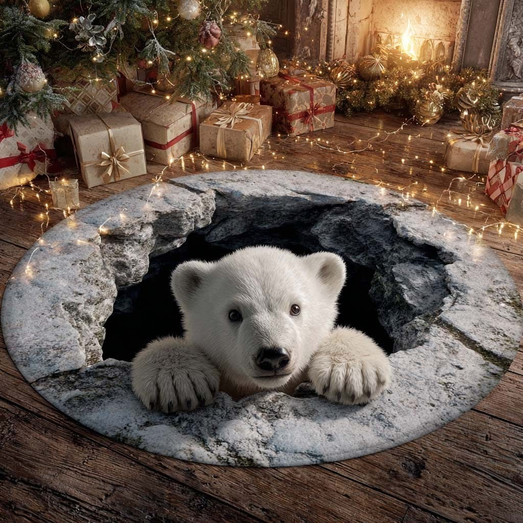 White Bear Polar Peek Christmas Round Mat Merchandise Holiday Cute Gifts For Bear Lovers - Tradiviet