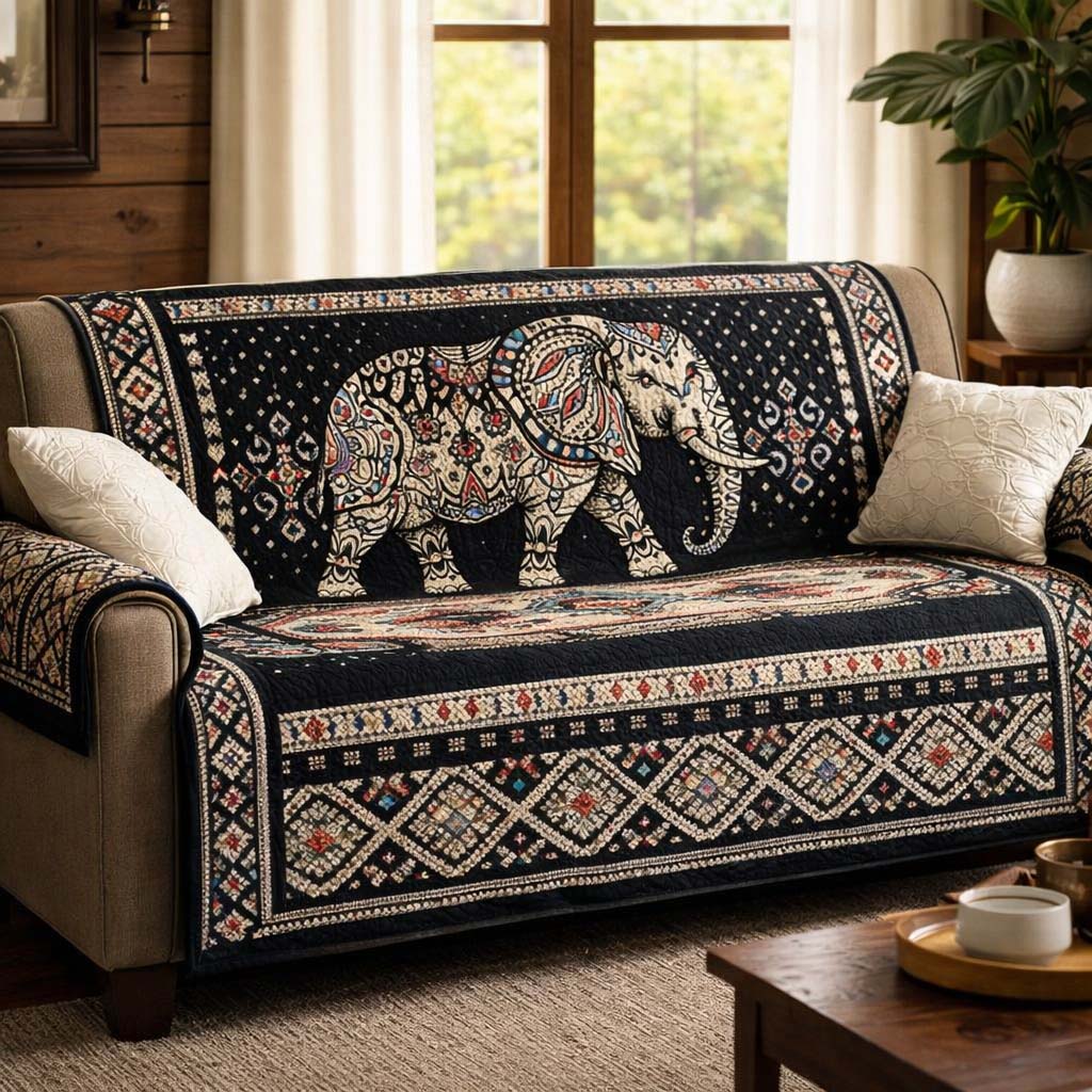 Wild Elephant Patchwork Quilted Sofa Cover Safari Home Couch Cover Gifts For Room Decor - Tradiviet