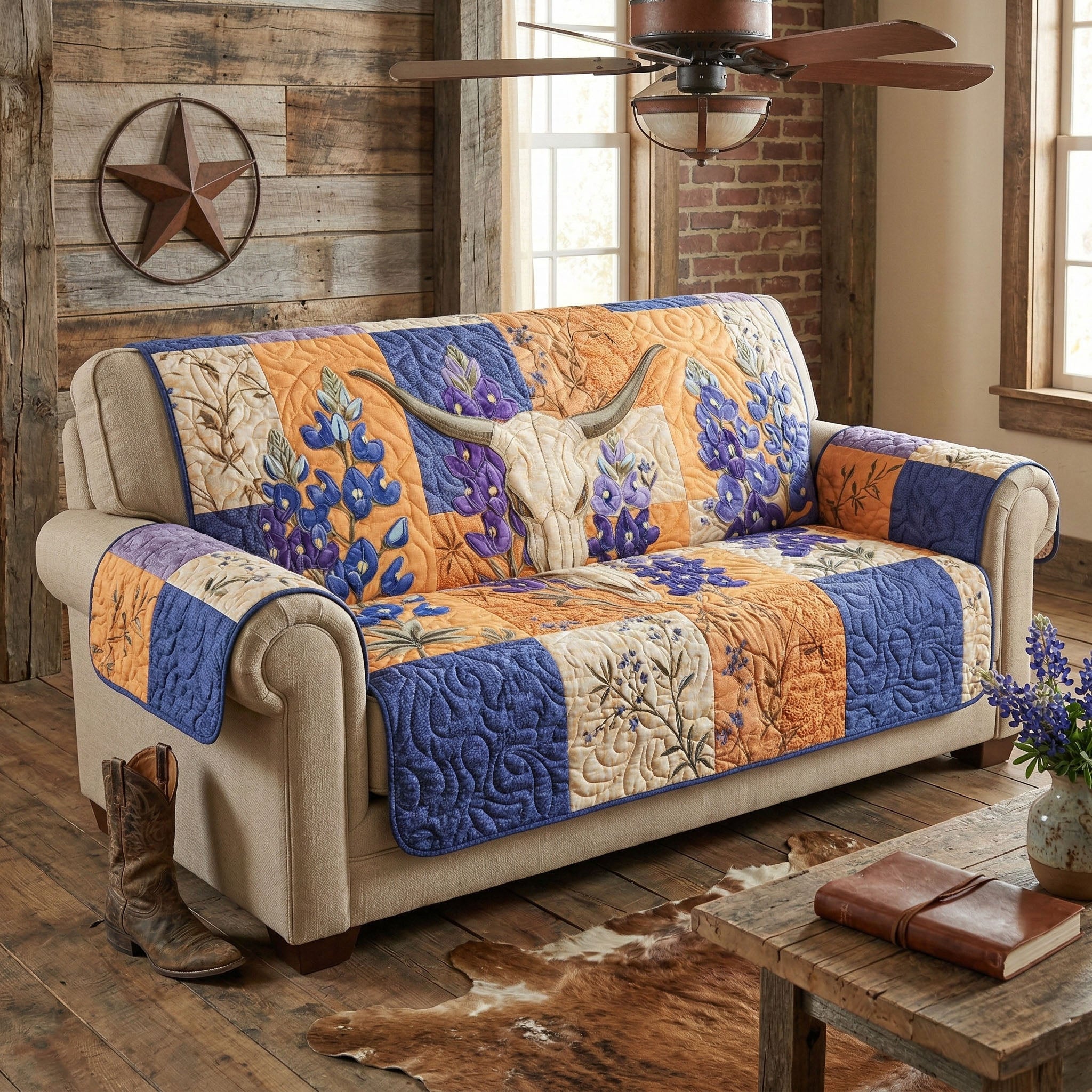 Wild Longhorn Quilted Sofa Cover Indoor Room Decor Room Decor Gift Ideas - Tradiviet