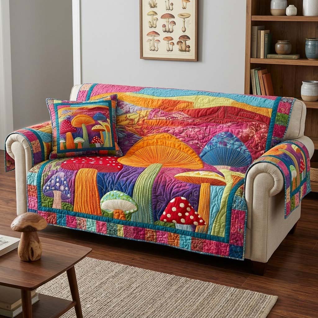 Wild Meadow Mushrooms Quilted Sofa Cover Shelf Room Decor Gift For Home Decor - Tradiviet