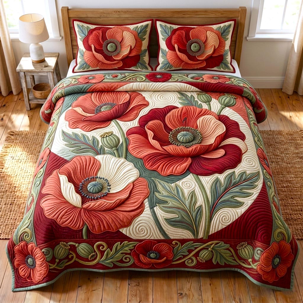 Wild Poppy Quilted Bedding Set Wild Poppy Composition Gift For Wild Poppy - Tradiviet