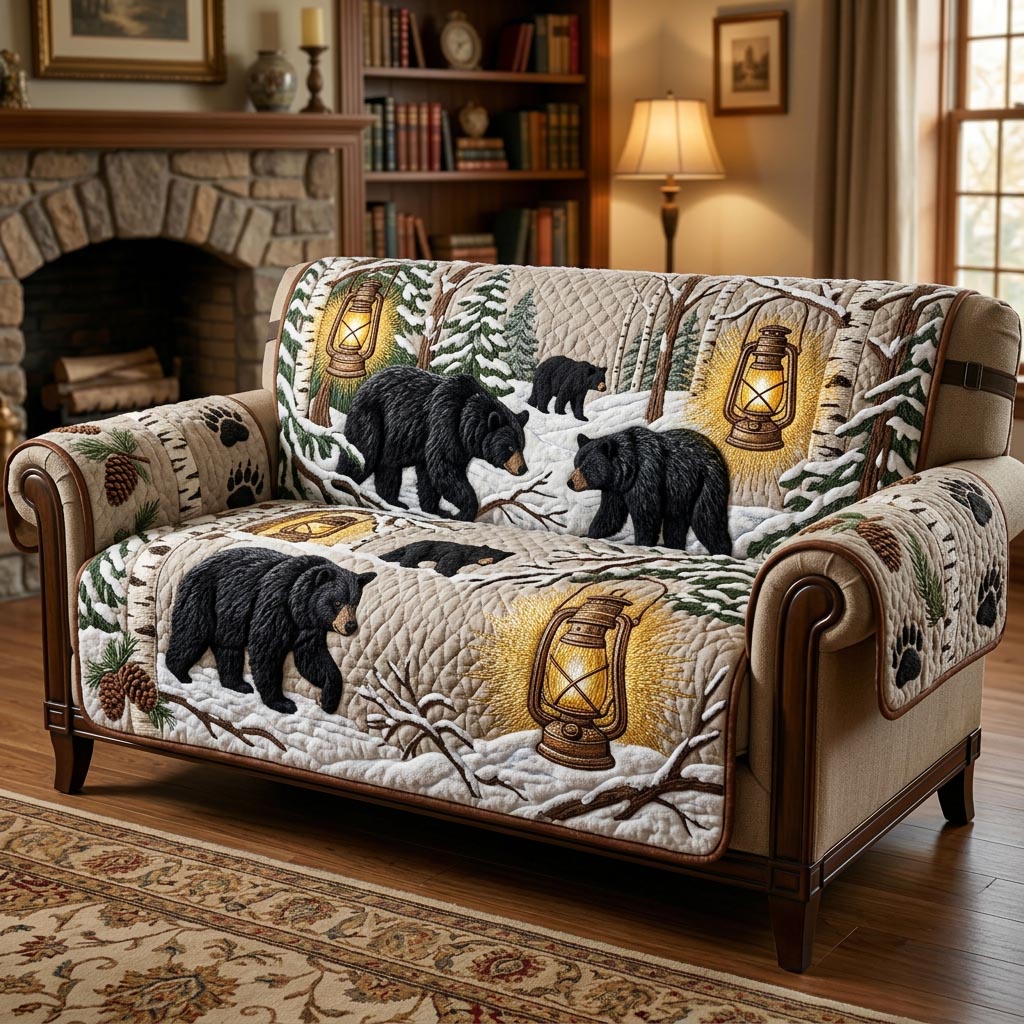 Wilderness Bear Quilted Sofa Cover Cabin Home Couch Cover Bear Gifts For Dad - Tradiviet