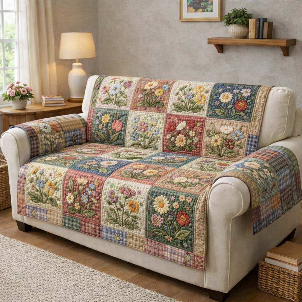 Wildflower Meadow Quilted Sofa Cover Floral Home Couch Cover Bear Gifts For Her - Tradiviet
