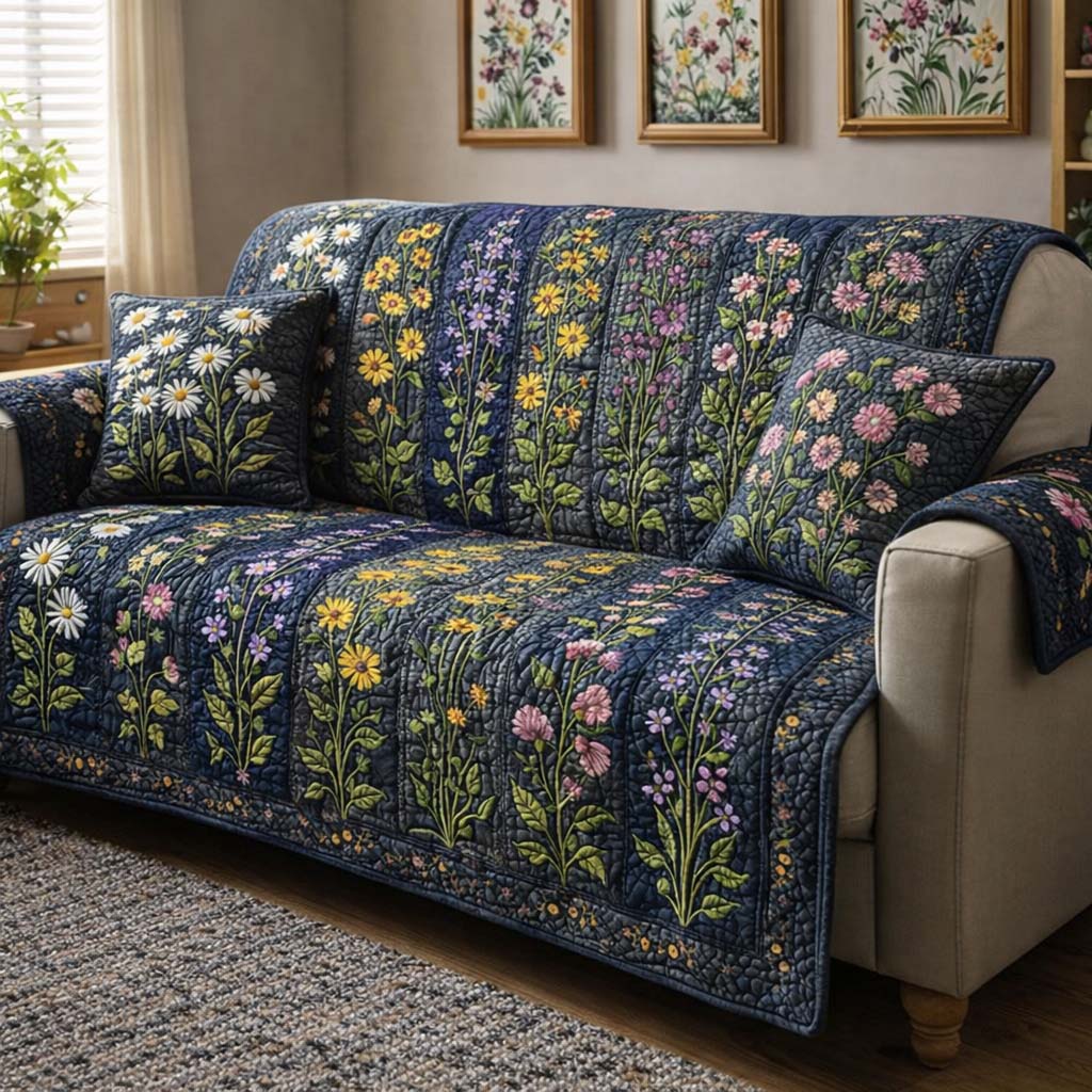 Wildflower Meadow Quilted Sofa Cover Floral Home Couch Cover Bear Gifts For Mom - Tradiviet
