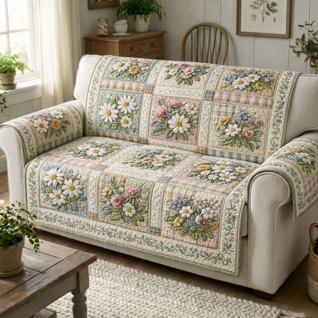 Wildflower Meadow Quilted Sofa Cover Floral Home Couch Cover Best Home Decor Gifts - Tradiviet