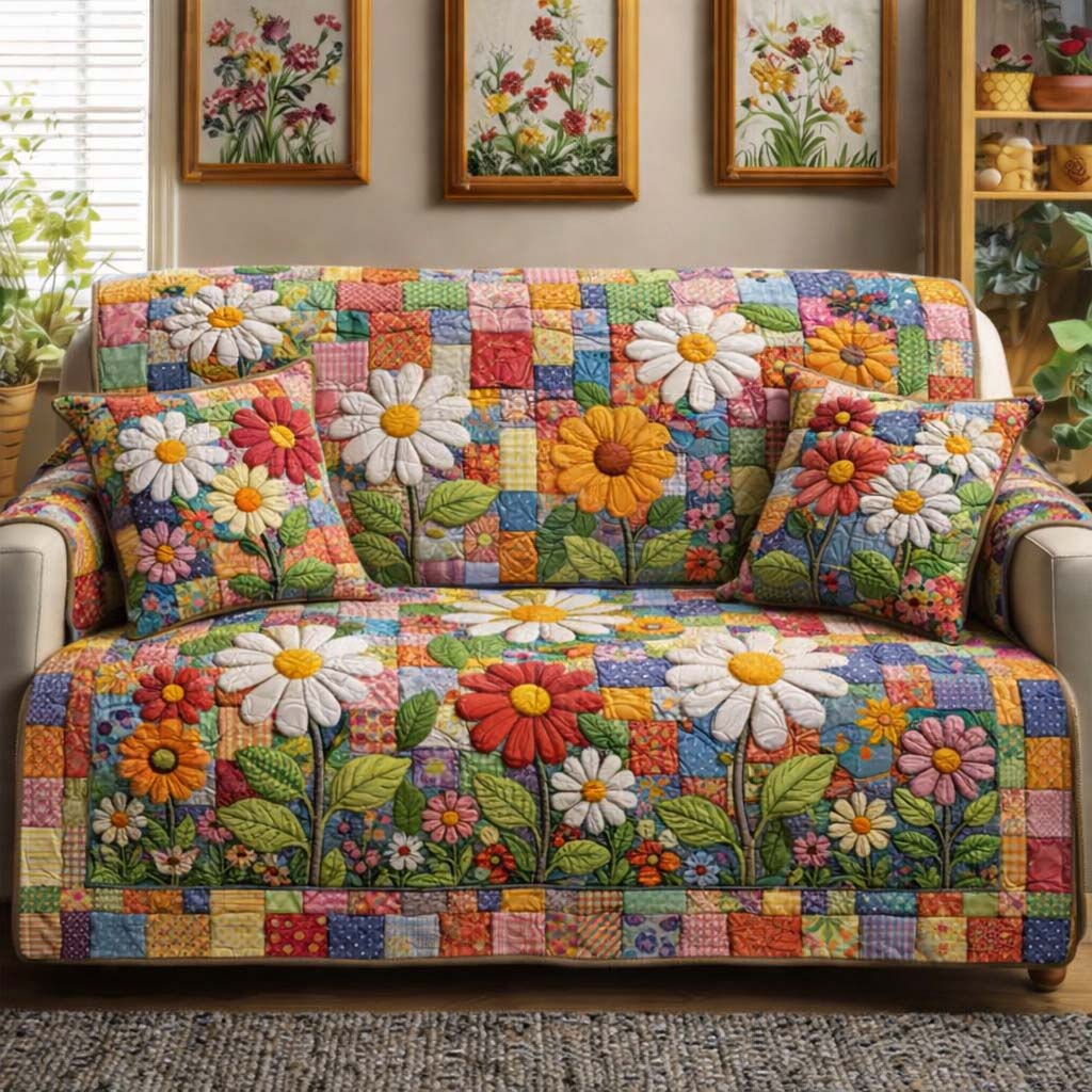Wildflower Meadow Quilted Sofa Cover Floral Home Couch Cover Cat Gifts For Cat Lovers - Tradiviet