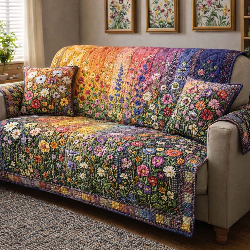 Wildflower Meadow Quilted Sofa Cover Floral Home Couch Cover Interior Design Gift Ideas - Tradiviet