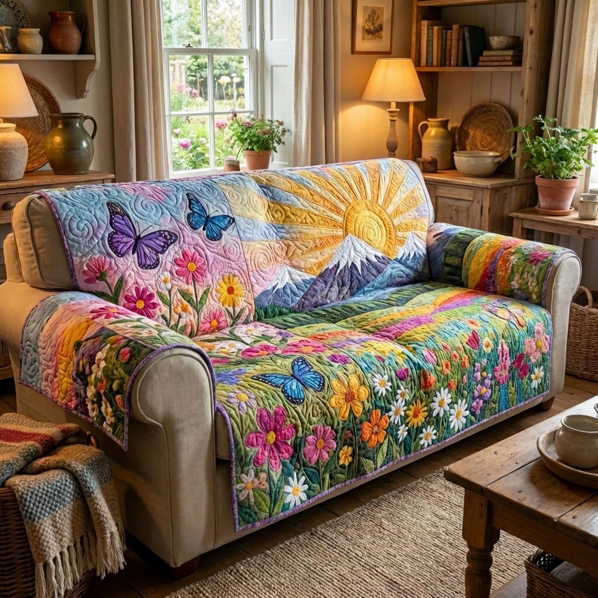 Wildflower Meadow Quilted Sofa Cover Holiday Home Room Decor Cozy Home Decor Gifts - Tradiviet