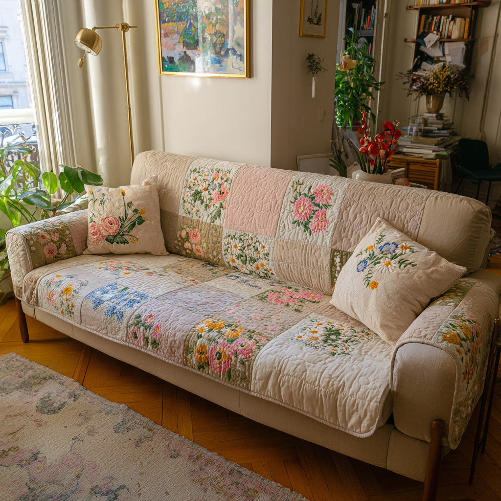 Wildflower Patchwork Quilted Sofa Cover Cute Home Room Decor Gifts For New Homes - Tradiviet
