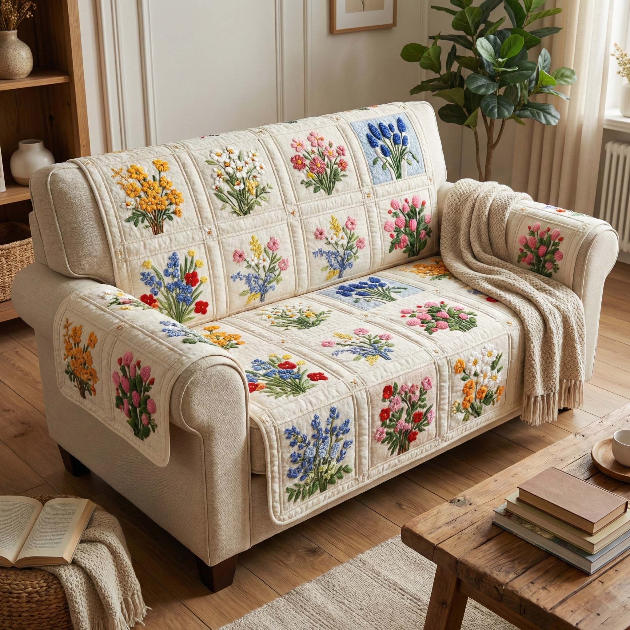 Wildflower Patchwork Quilted Sofa Cover Floral Home Couch Cover Cat Presents For Cat Lovers - Tradiviet