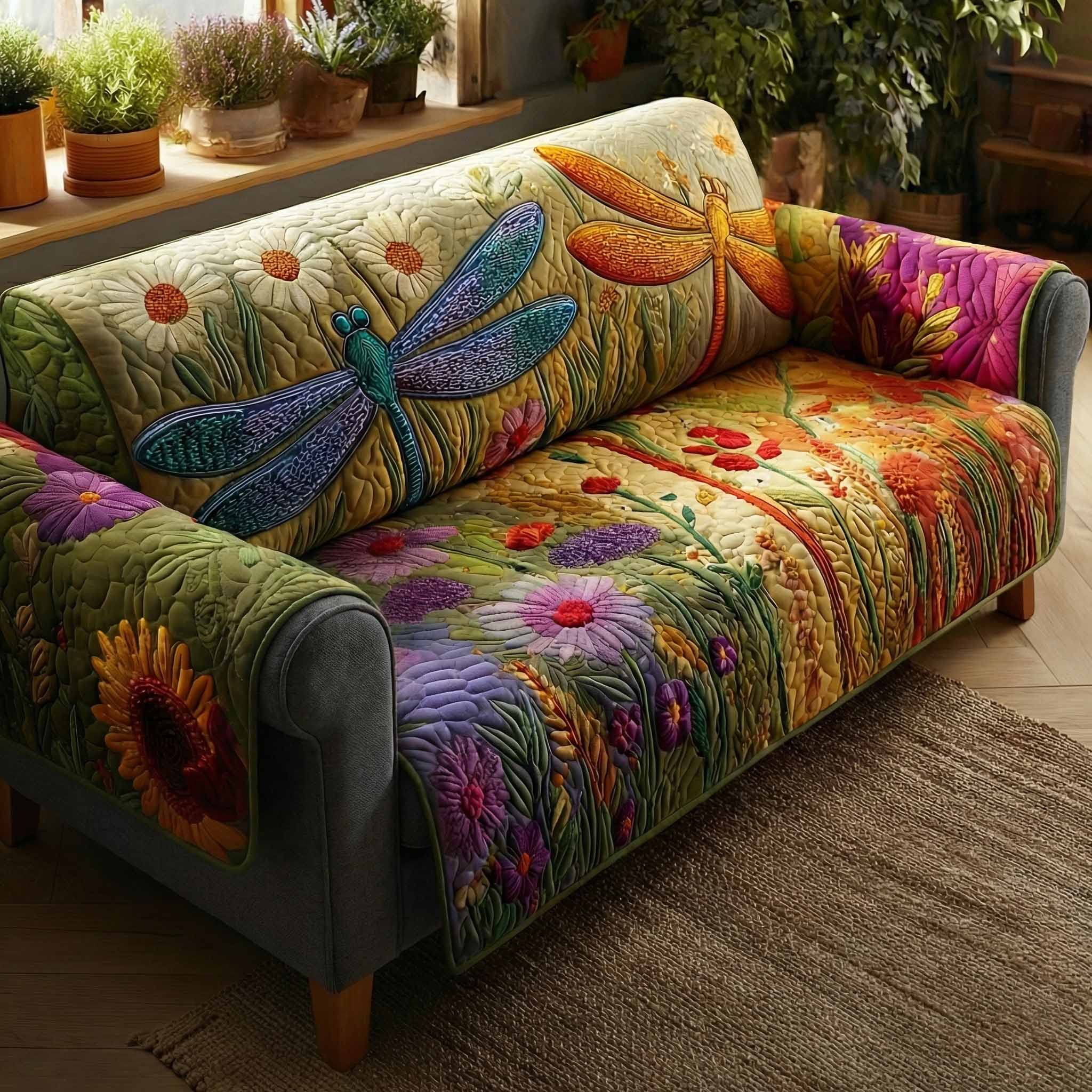 Wildflower Wings Quilted Sofa Cover Best Sectional Couch Covers Dragonfly Gifts For Lady - Tradiviet