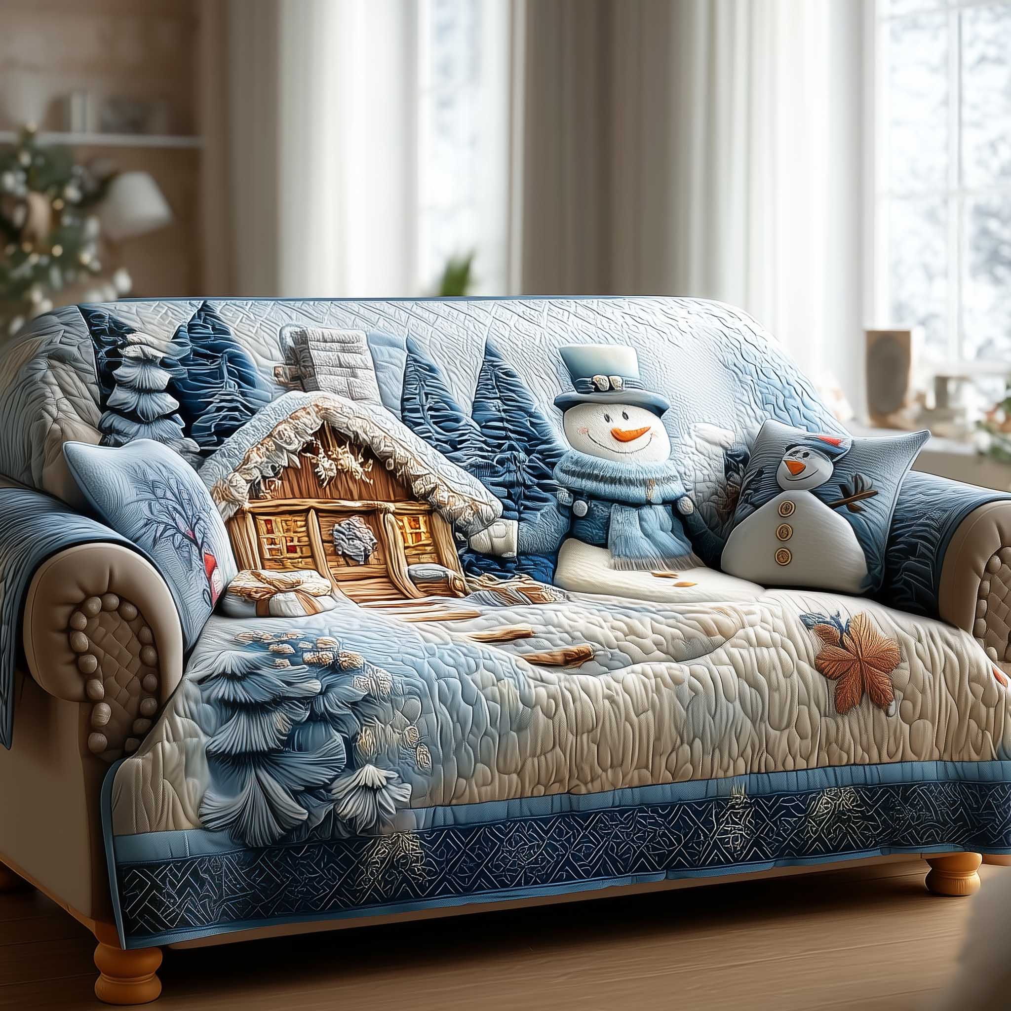 Winter Cabin And Snowman Quilted Sofa Cover Boho Home Room Decor Present For New Home - Tradiviet