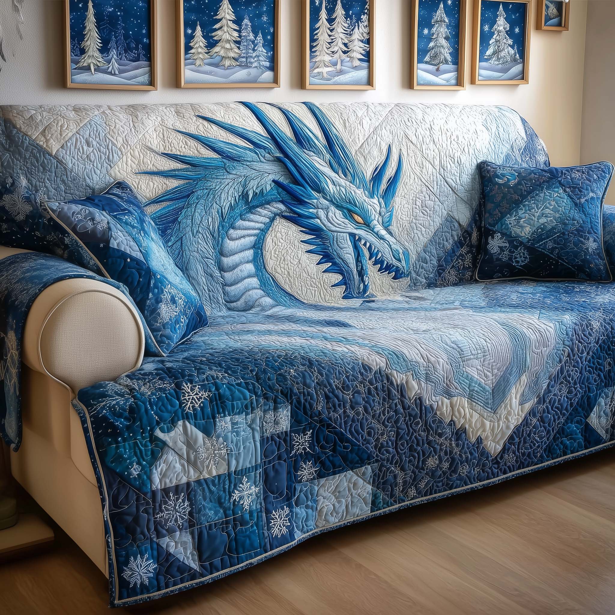 Winter Dragon Quilted Sofa Cover Fantasy Home Couch Cover Home Gifts For Her - Tradiviet