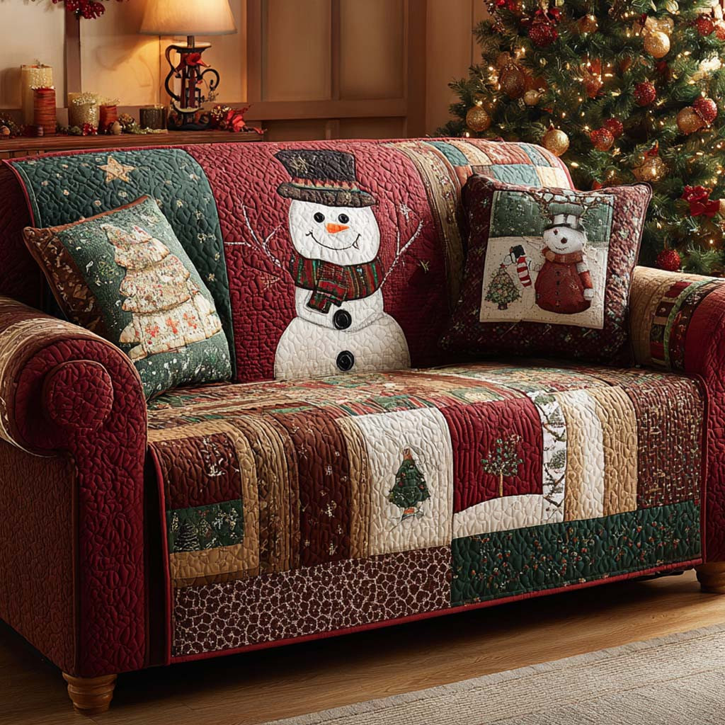 Winter Farmhouse Snowmen Quilted Sofa Cover Christmas Living Room Decor Ideas Family Christmas Present Ideas - Tradiviet