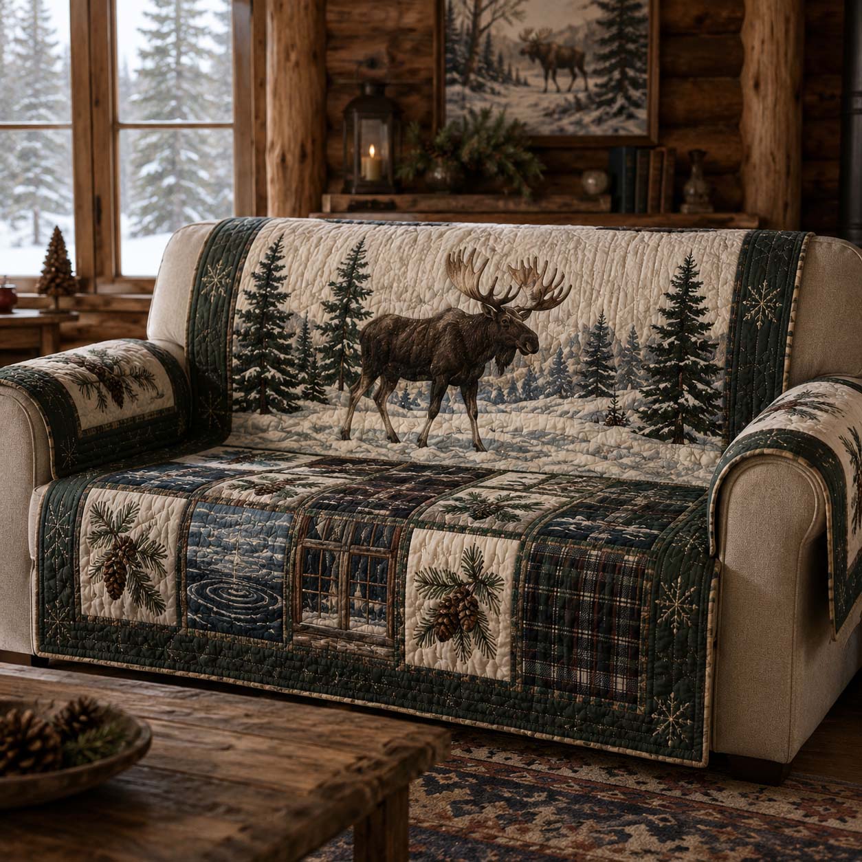 Winter Moose Quilted Sofa Cover Holiday Room Decor Great Housewarming Gift Ideas - Tradiviet