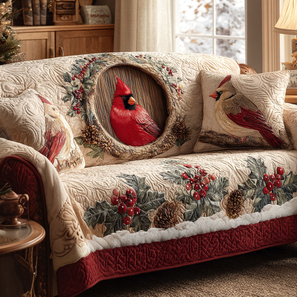 Winter Perch Quilted Sofa Cover Christmas Living Room Decor Ideas Cardinal Gifts For Friend - Tradiviet