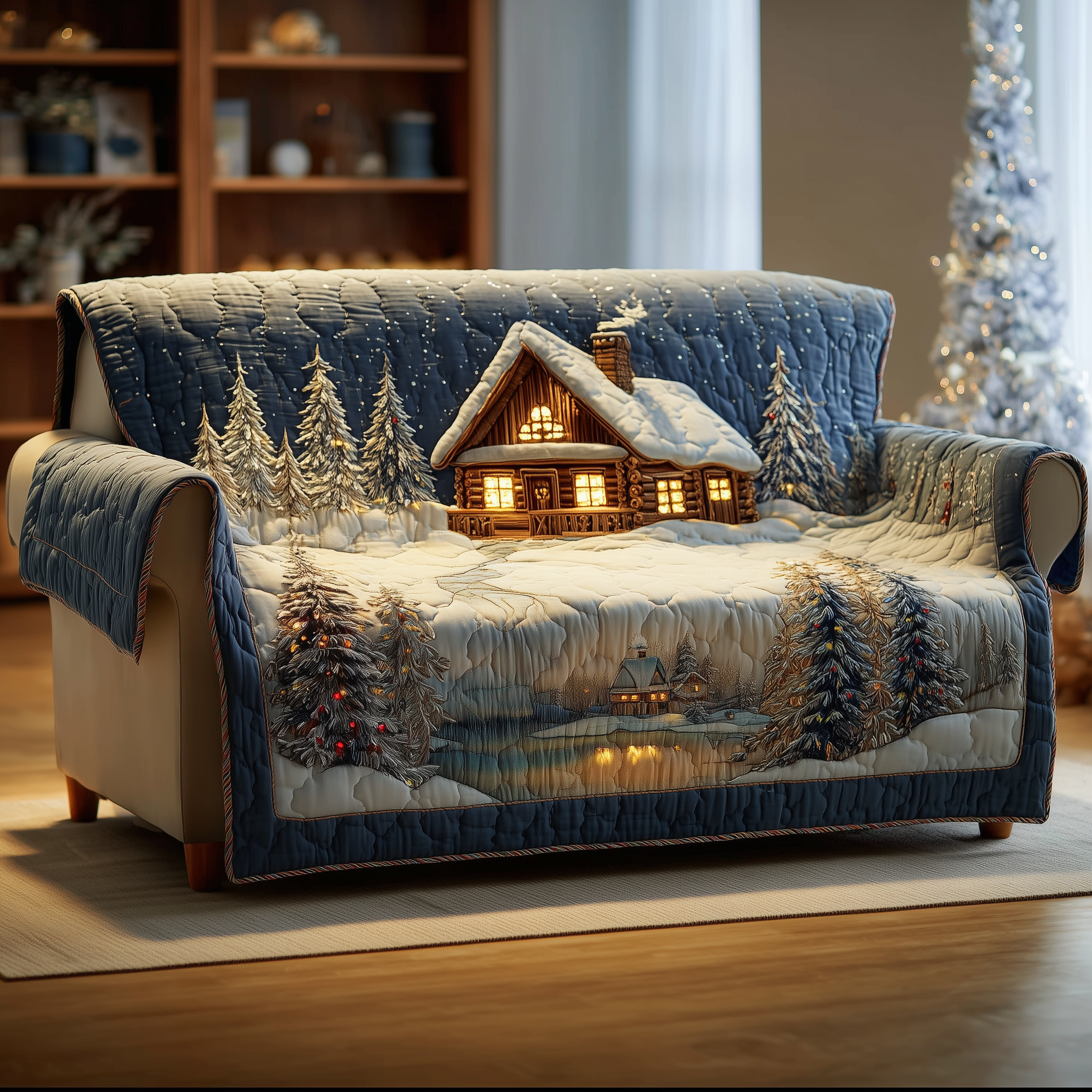 Winter Retreat Quilted Sofa Cover Cabin Home Couch Cover Room Gift For Her - Tradiviet