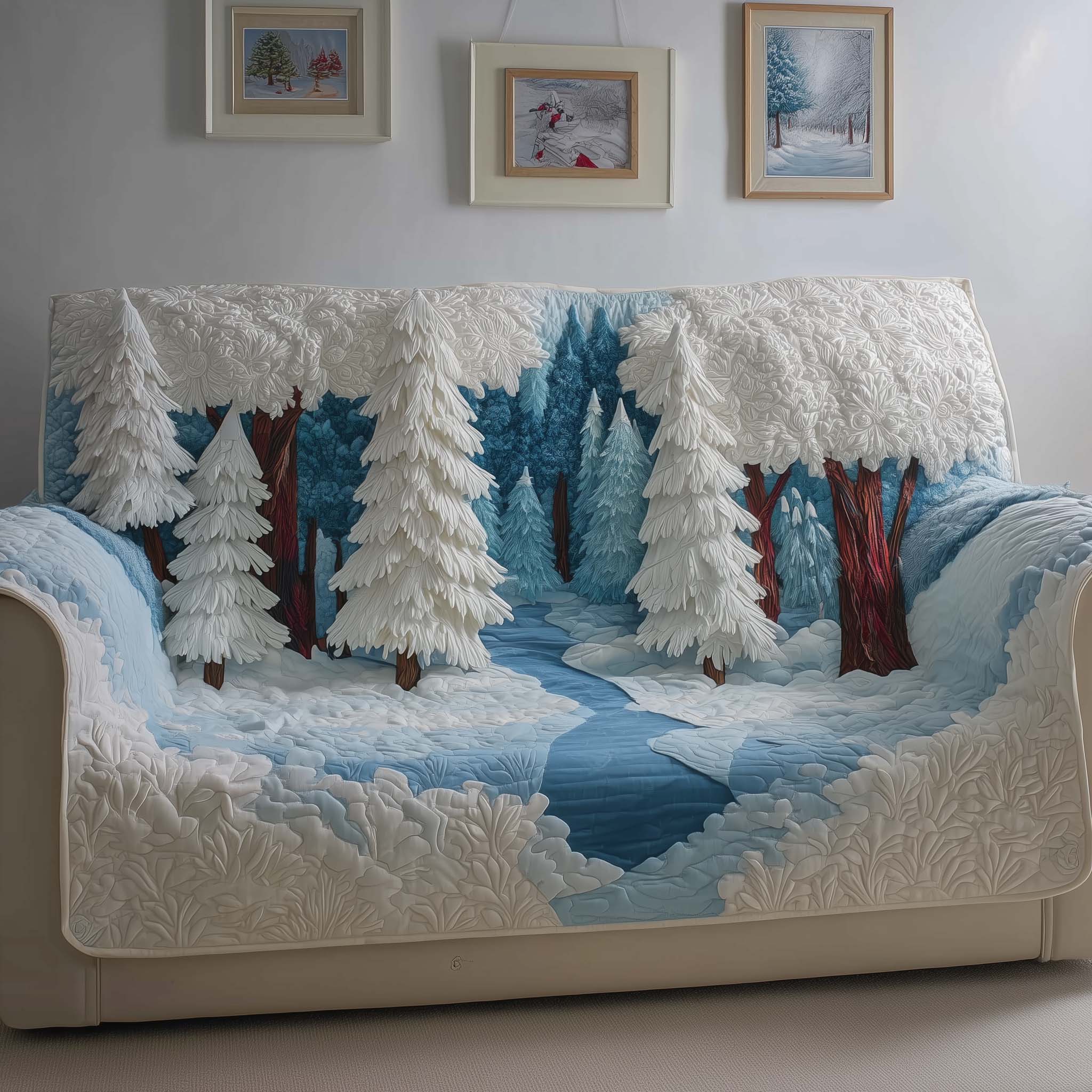 Winter River Quilted Sofa Cover Lakeside Home Couch Cover Great Housewarming Gift Ideas - Tradiviet