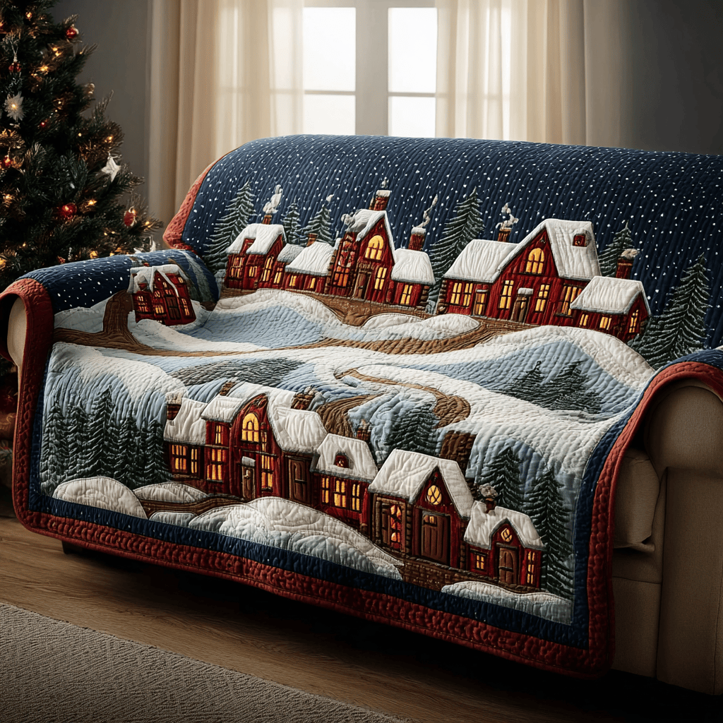 Winter Village Quilted Sofa Cover Santa Sofa Cover Xmas Gifts For Mother In Law - Tradiviet