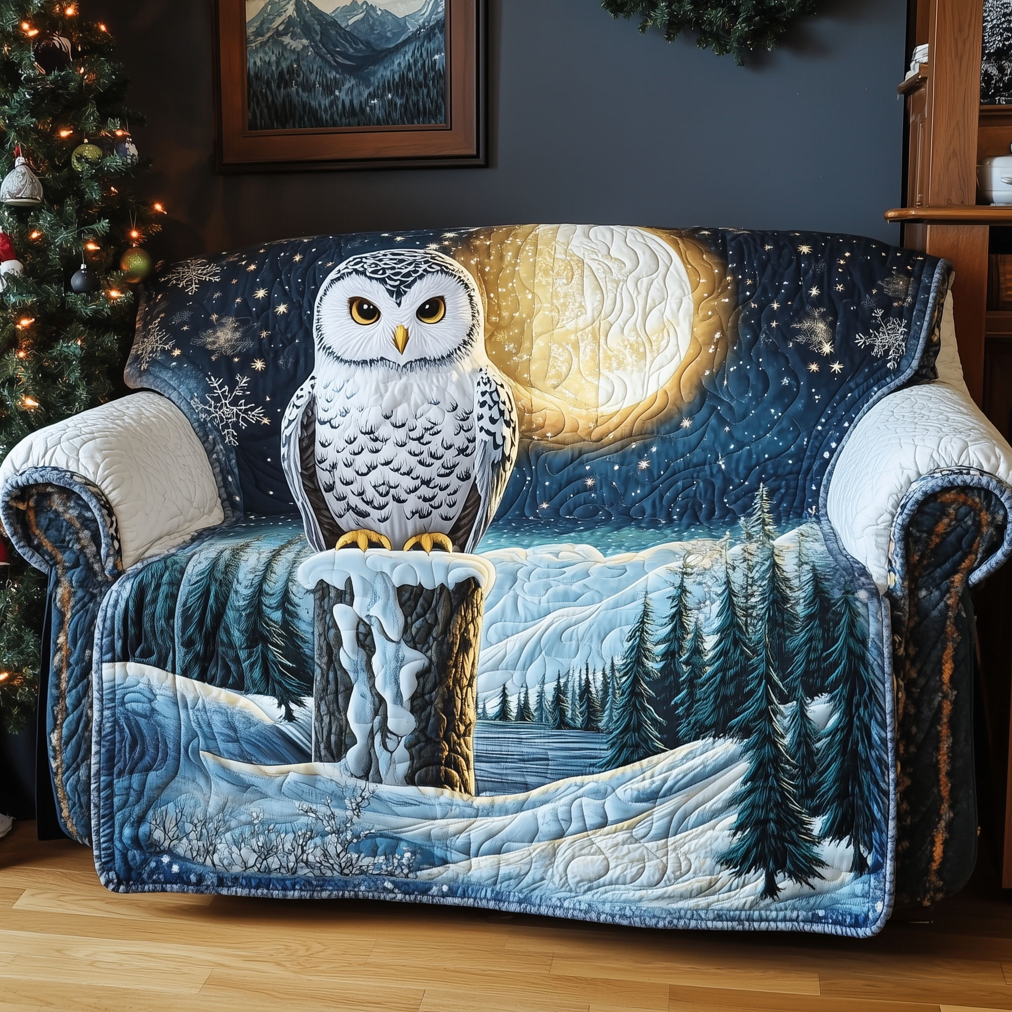 Winter Watcher Quilted Sofa Cover Winter Home Couch Cover Present For Home Lovers - Tradiviet
