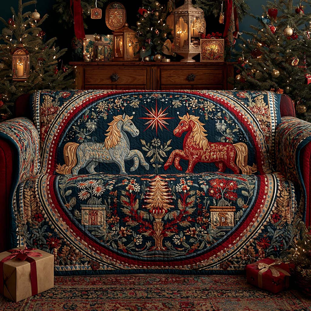 Winter Wonderland Carousel Quilted Sofa Cover Living Room Winter Decor Gifts For Horse Lovers - Tradiviet