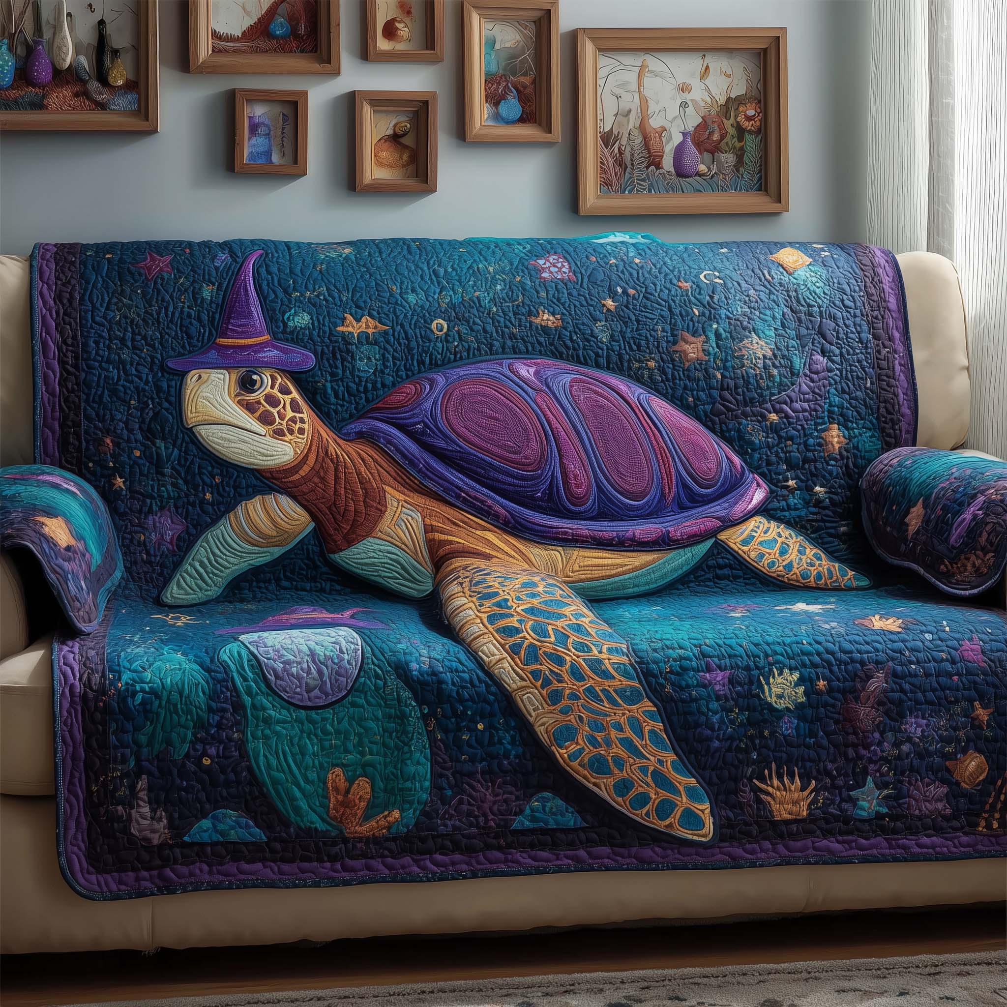 Wizard Turtle Quilted Sofa Cover Coastal Home Couch Cover Cozy Living Gift Ideas - Tradiviet