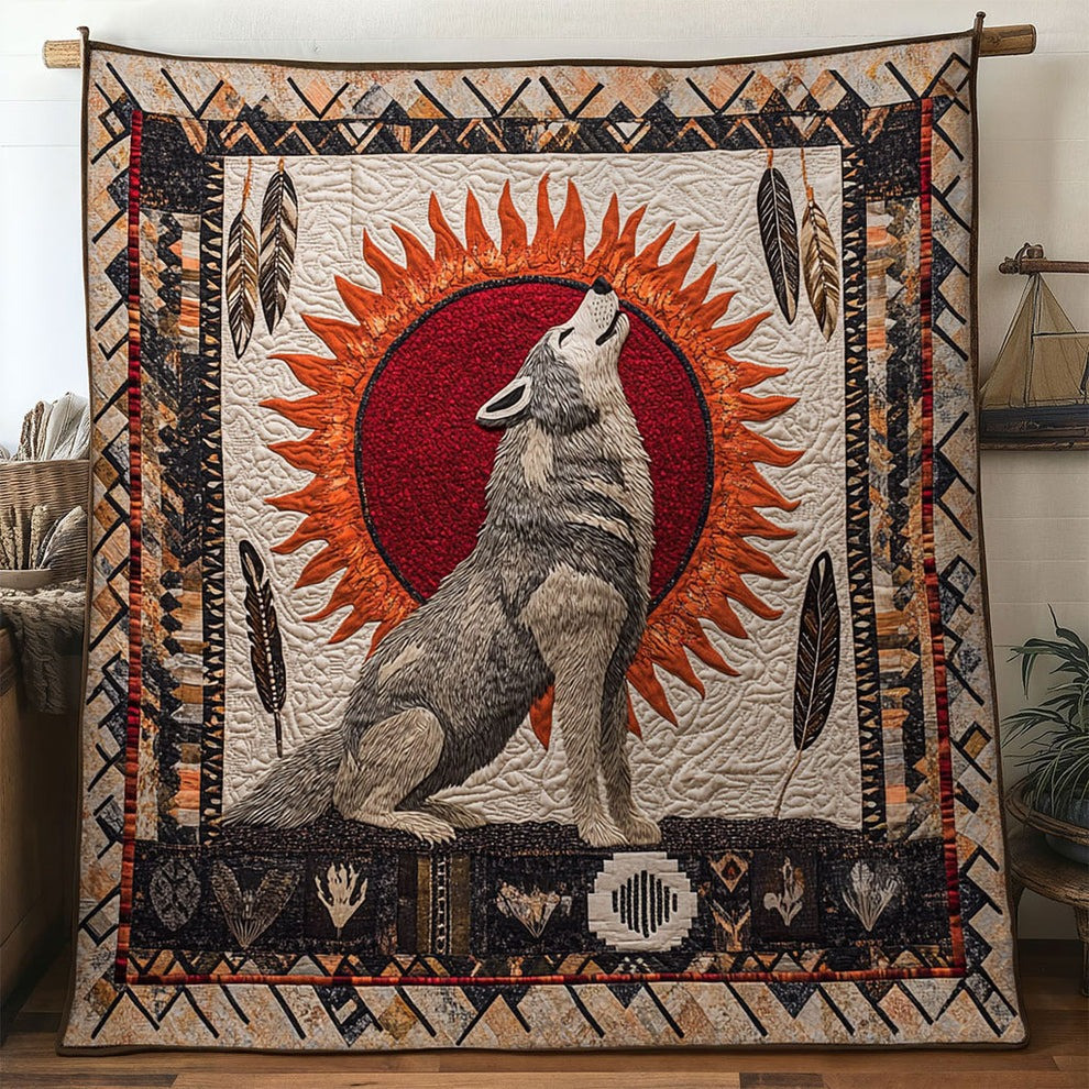 Wolf Howling Golden Sun Quilt Blanket Native American Themed Gifts For Friends - Tradiviet