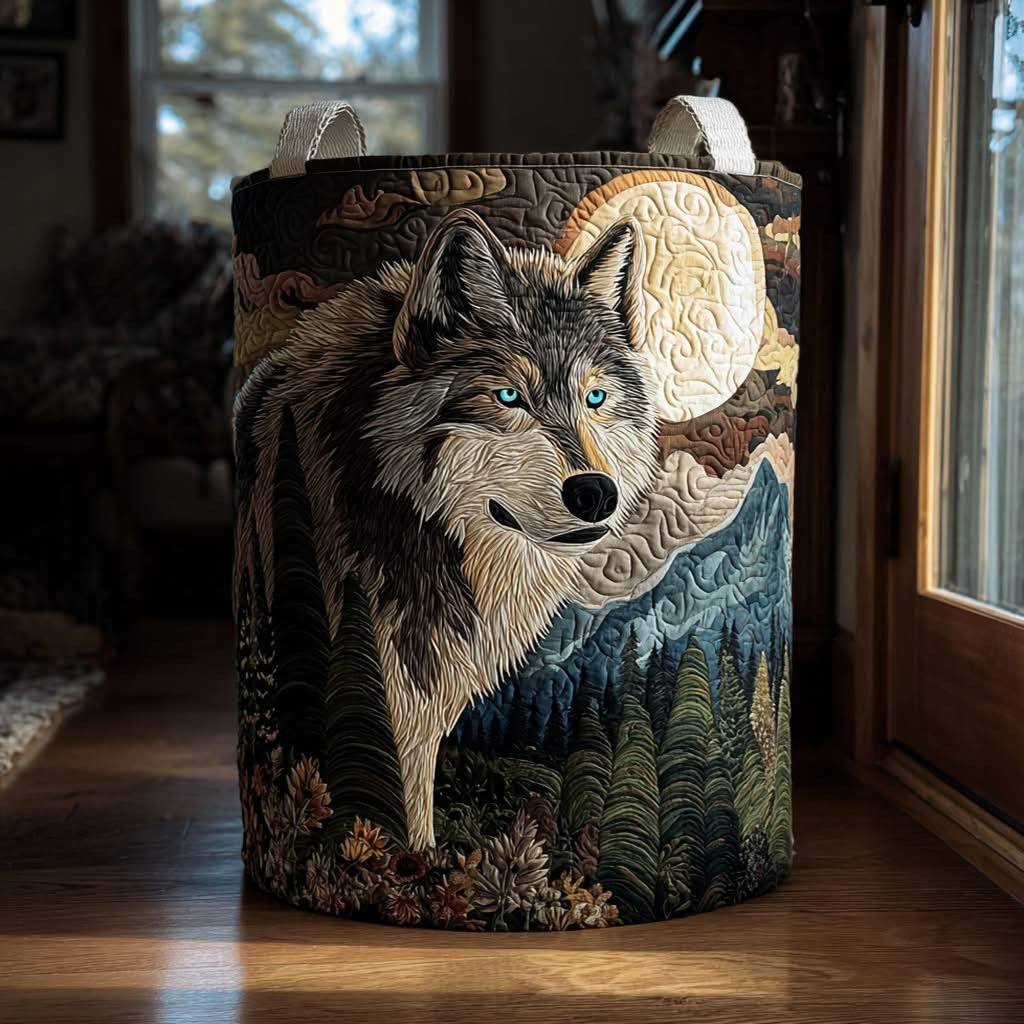 Wolf Moonlight Howl Quilted Laundry Basket Woodland Animal Merch Gifts For Wolf Lovers - Tradiviet