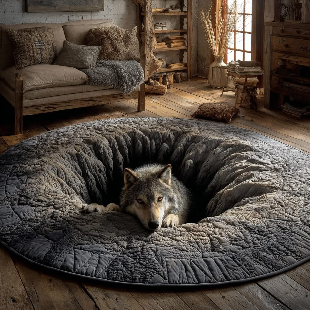 Wolf Stone Hearth Quilted Round Mat Home Decor Best Gifts For Wolf Lovers - Tradiviet