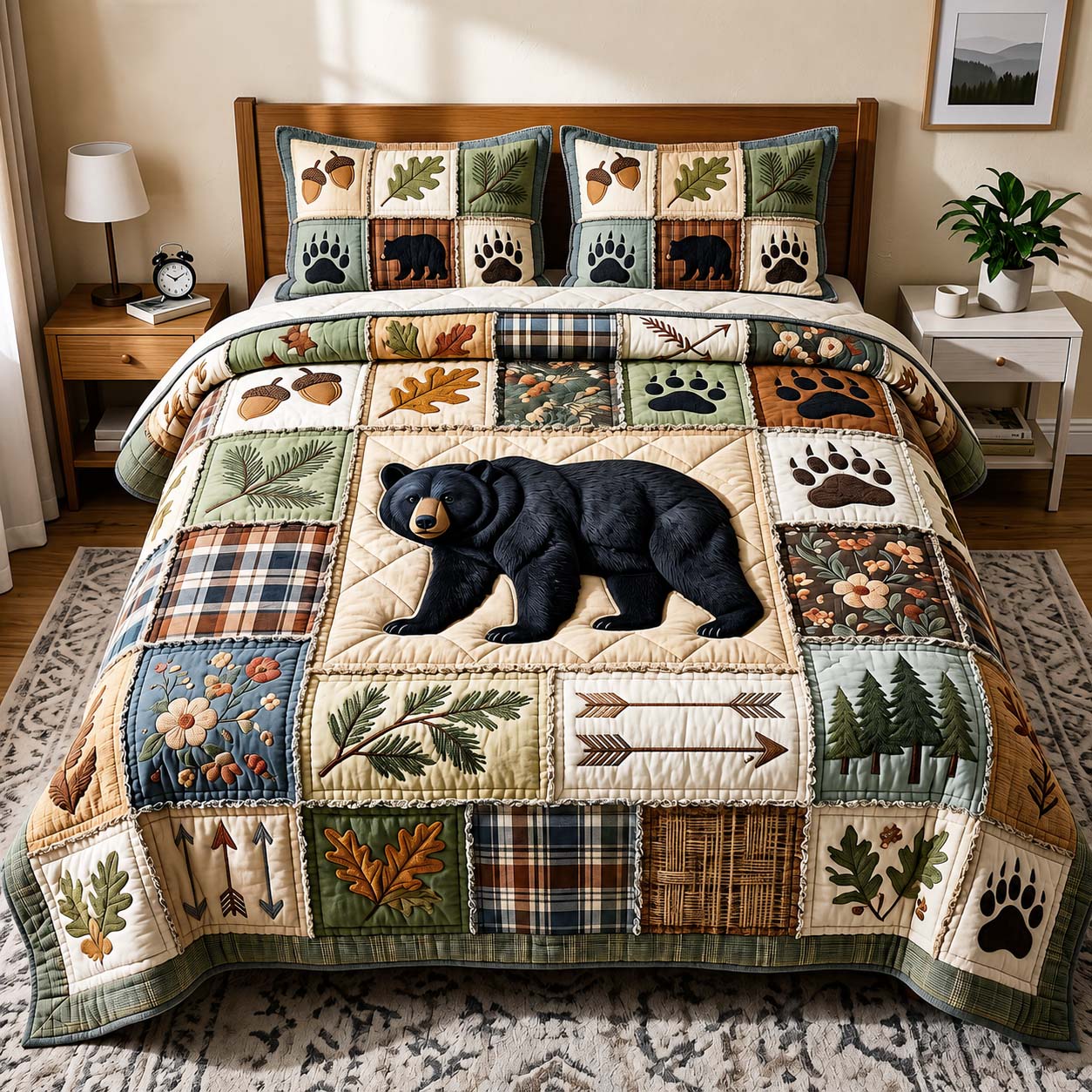 Woodland Bear Quilted Bedding Set Woodland Bear Artwork Gift For Woodland Bear - Tradiviet