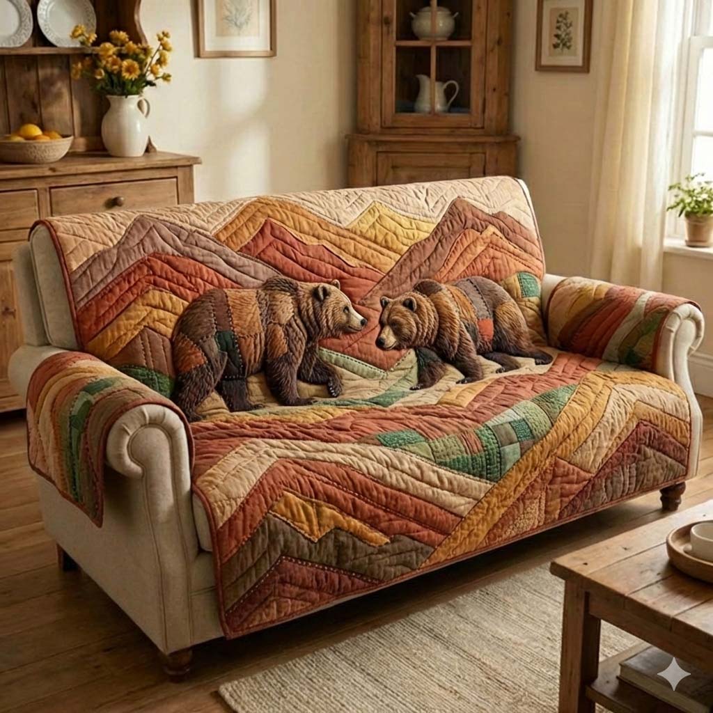 Woodland Bear Quilted Sofa Cover Cabin Home Couch Cover Bear Best Friend Gifts - Tradiviet