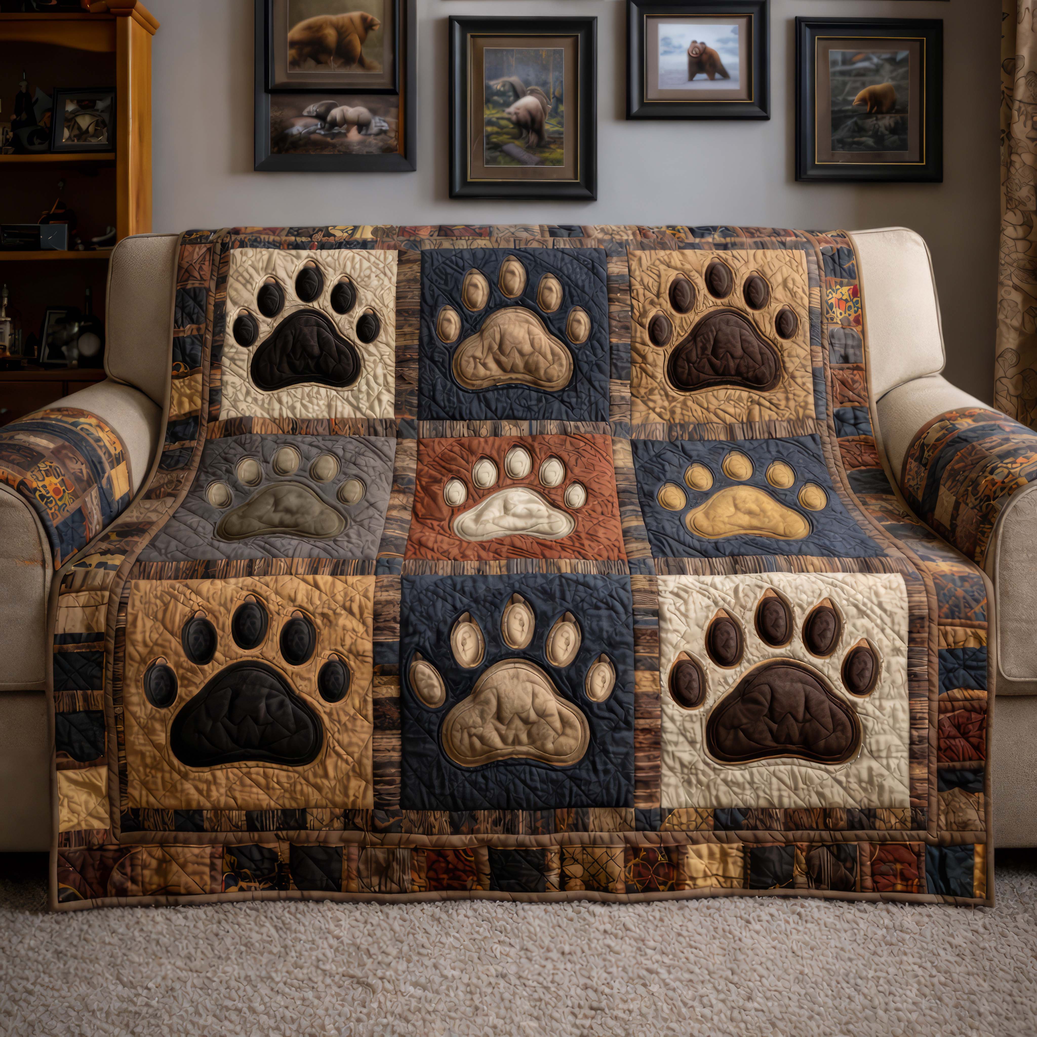 Woodland Bear Quilted Sofa Cover Cabin Home Couch Cover Bear Gifts For Kids - Tradiviet
