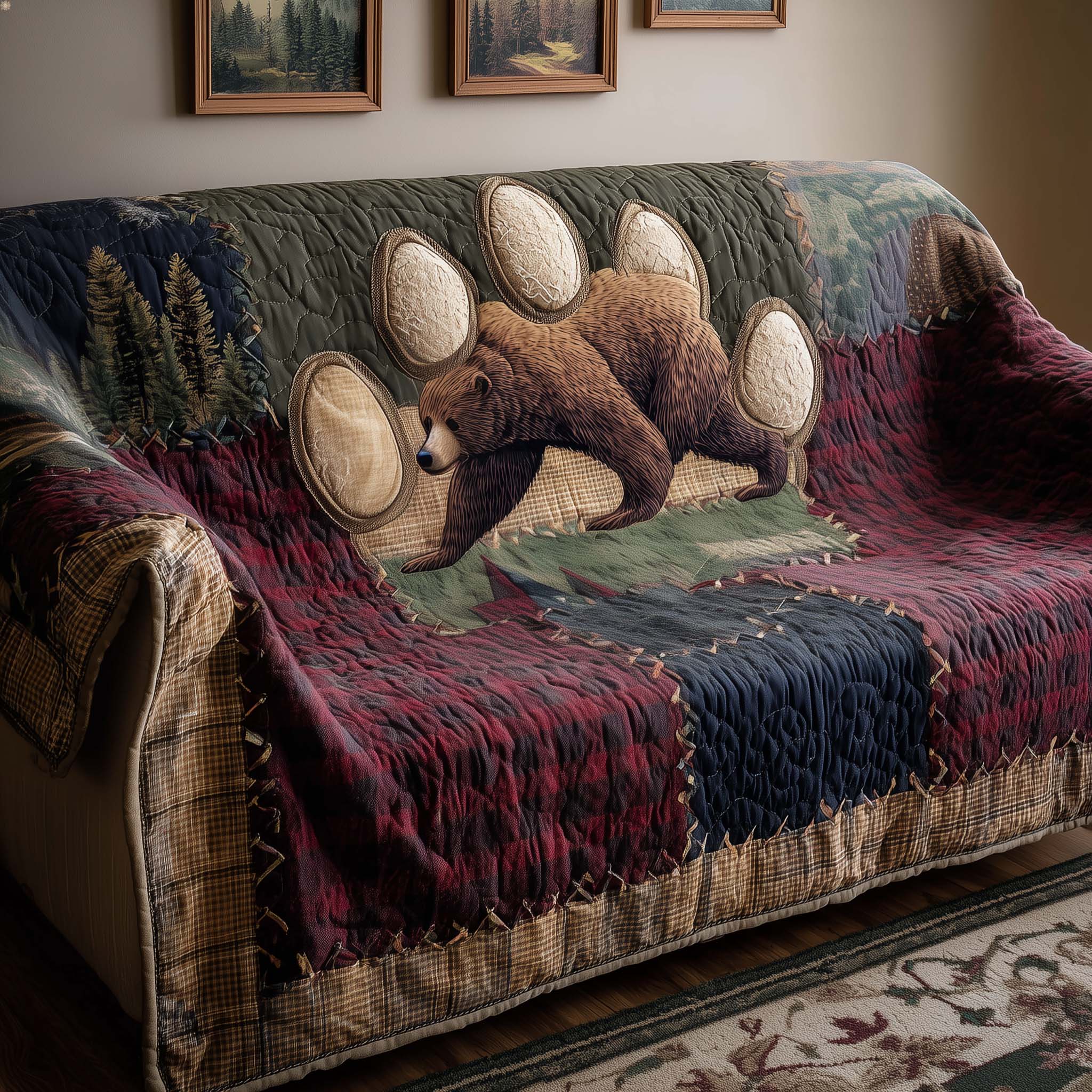 Woodland Bear Quilted Sofa Cover Cabin Home Couch Cover Bear Gifts For Men - Tradiviet