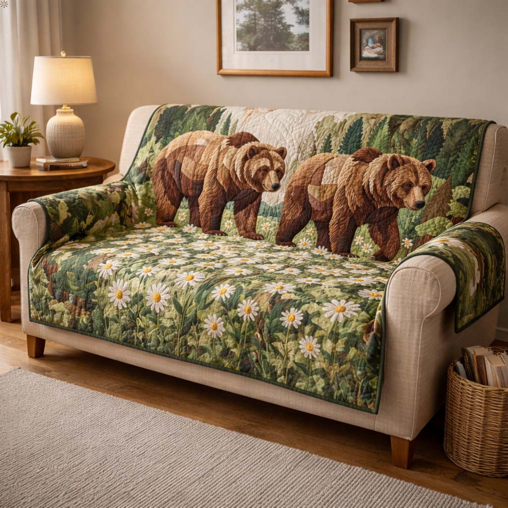Woodland Bear Quilted Sofa Cover Cabin Home Couch Cover Cute Bear Gift Ideas - Tradiviet