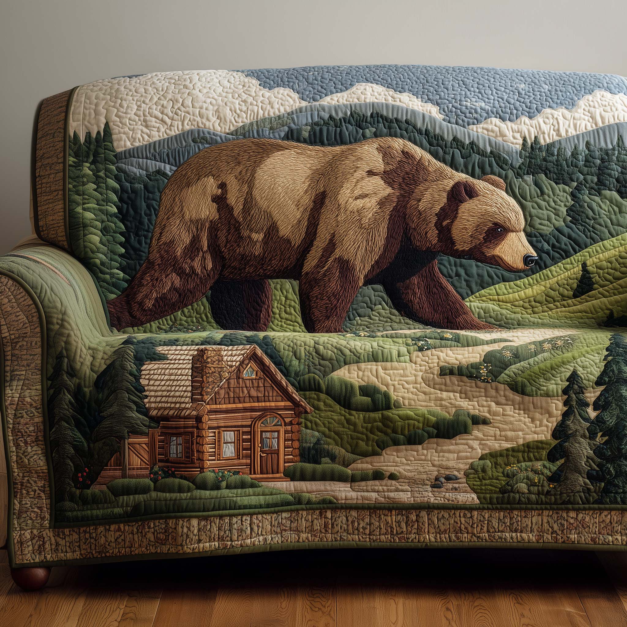 Woodland Bear Quilted Sofa Cover Cabin Home Couch Cover Funny Bear Themed Gifts - Tradiviet