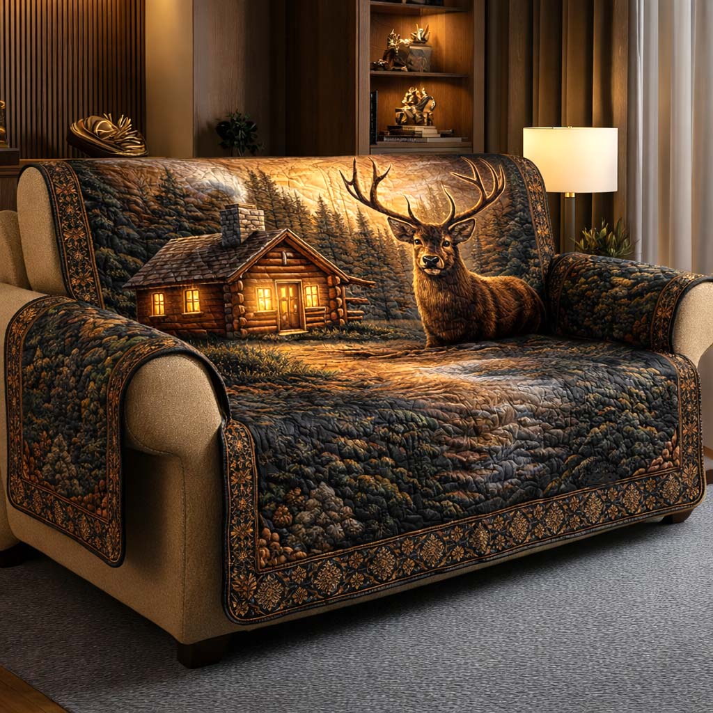 Woodland Lodge Quilted Sofa Cover Cabin Home Couch Cover Cute Room Decor Gifts - Tradiviet - Image 2