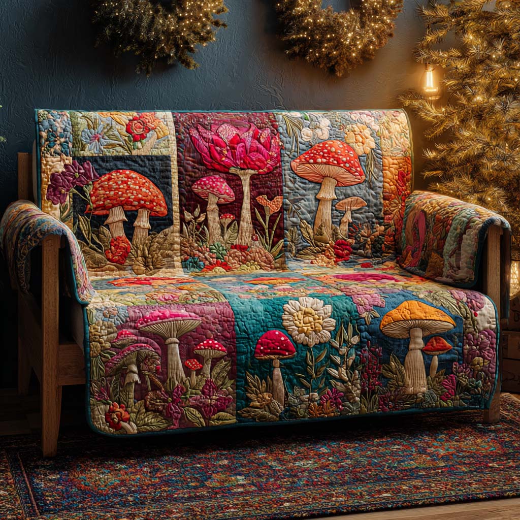 Woodland Rainbow Mushrooms Quilted Sofa Cover Minimalist Home Room Decor Home Gifts For Her - Tradiviet