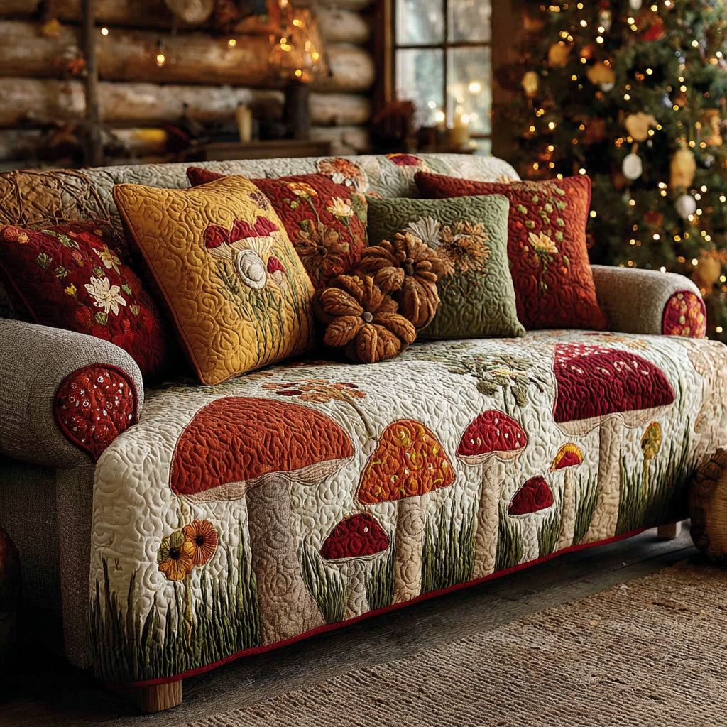 Woodland Toadstool Patch Quilted Sofa Cover Warm Room Decor Perfect Housewarming Gift Ideas - Tradiviet