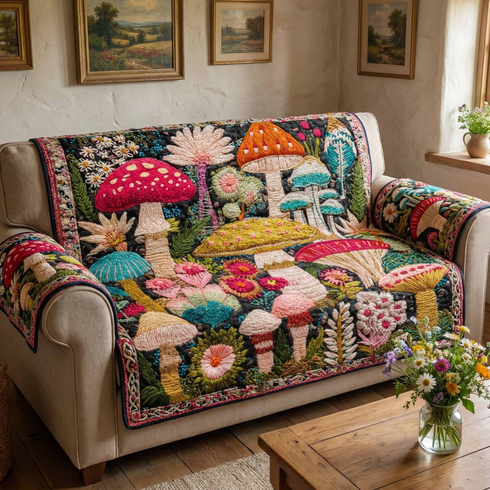 Woodland Toadstools Quilted Sofa Cover Best Sectional Couch Covers Special Birthday Gifts For Mom - Tradiviet