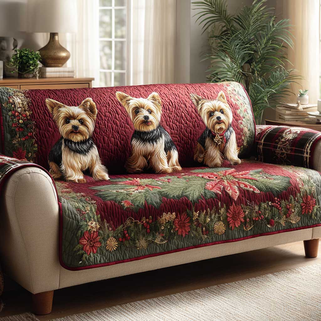 Yorkie Christmas Floral Quilted Sofa Cover Rustic Room Decor Best Room Decor Gifts - Tradiviet