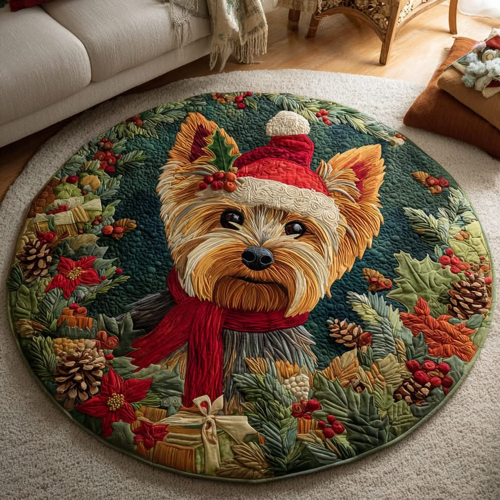 Yorkie Christmas Quilted Round Mat Xmas Living Room Decor Best Gifts For Dog Lovers - Tradiviet