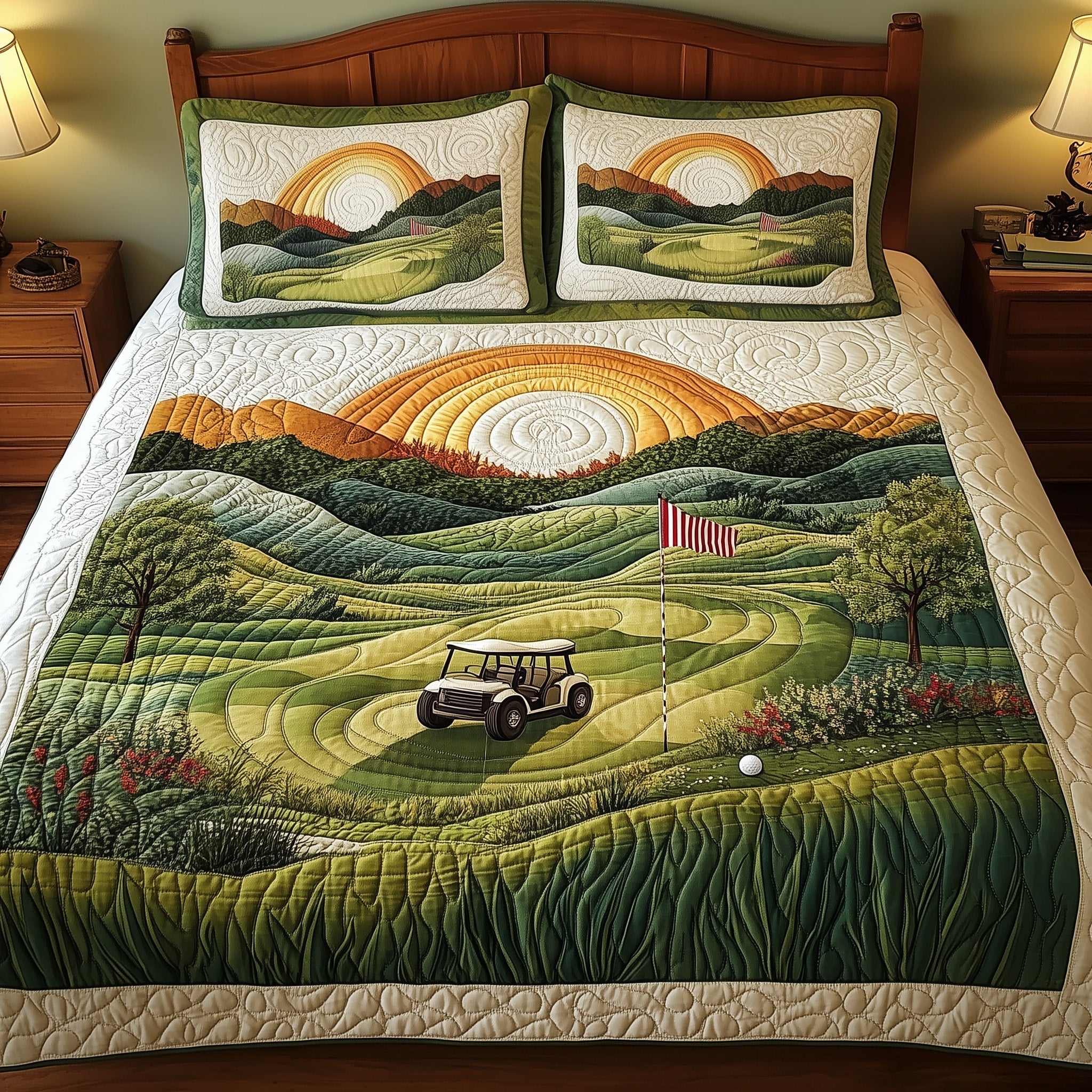 18th Hole Sunset Quilted Bedding Set Best Fitted Sheets Golf Related Presents