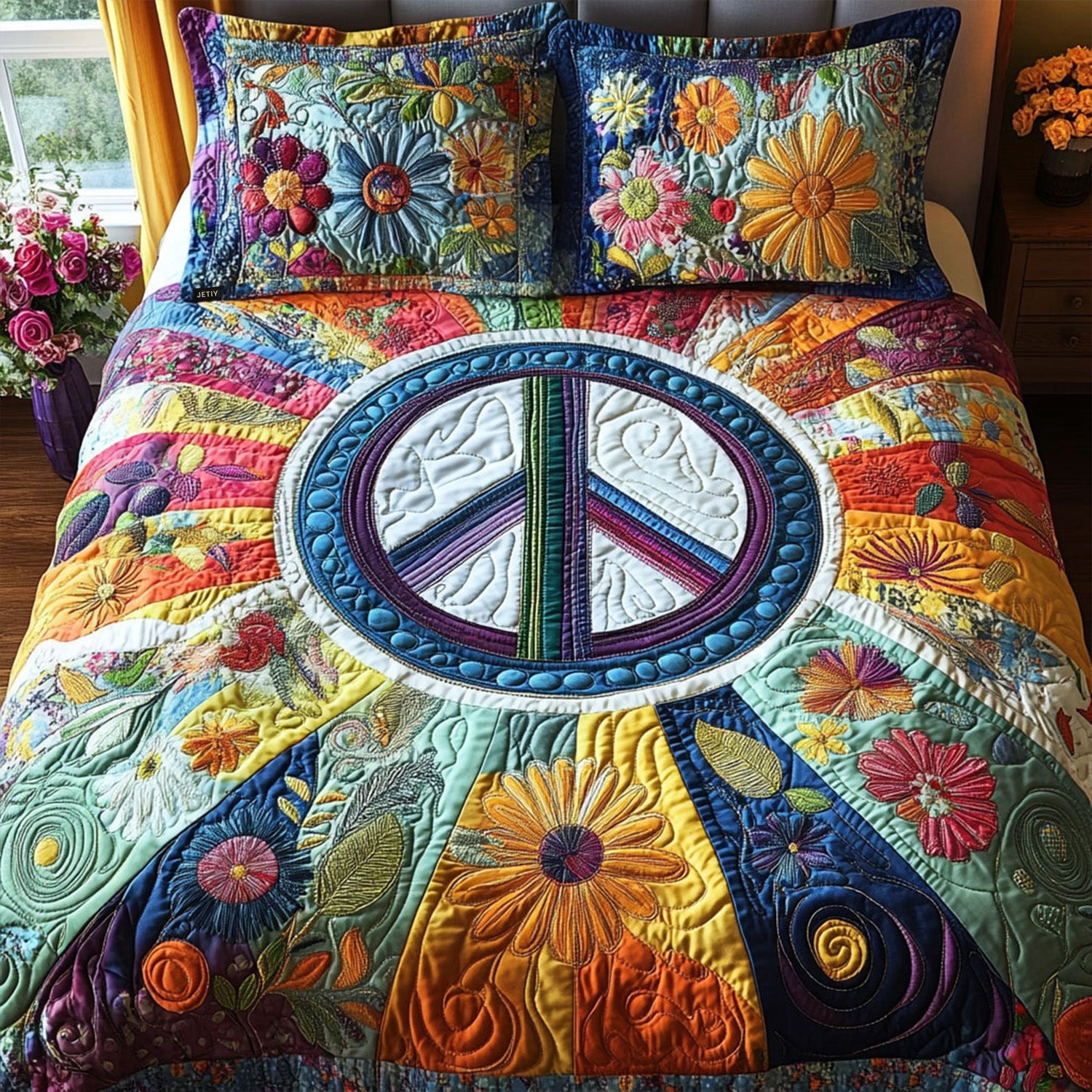 70s Vibe Quilted Bedding Set Bed Decor Ideas Gifts For Hippie Friends