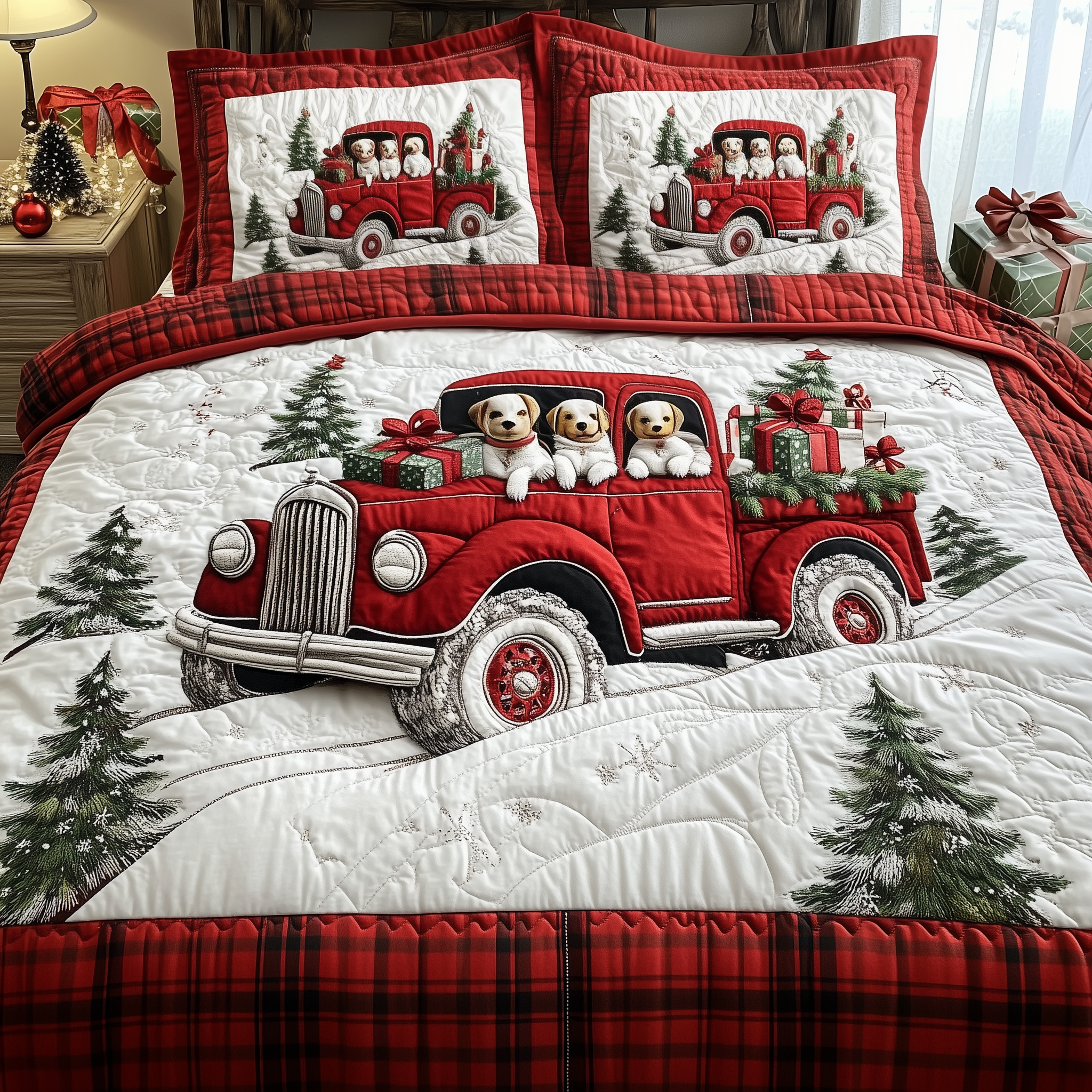A Christmas Dog Ride Quilted Bedding Set Bedroom Xmas Decor Christmas Gifts For Grandparents