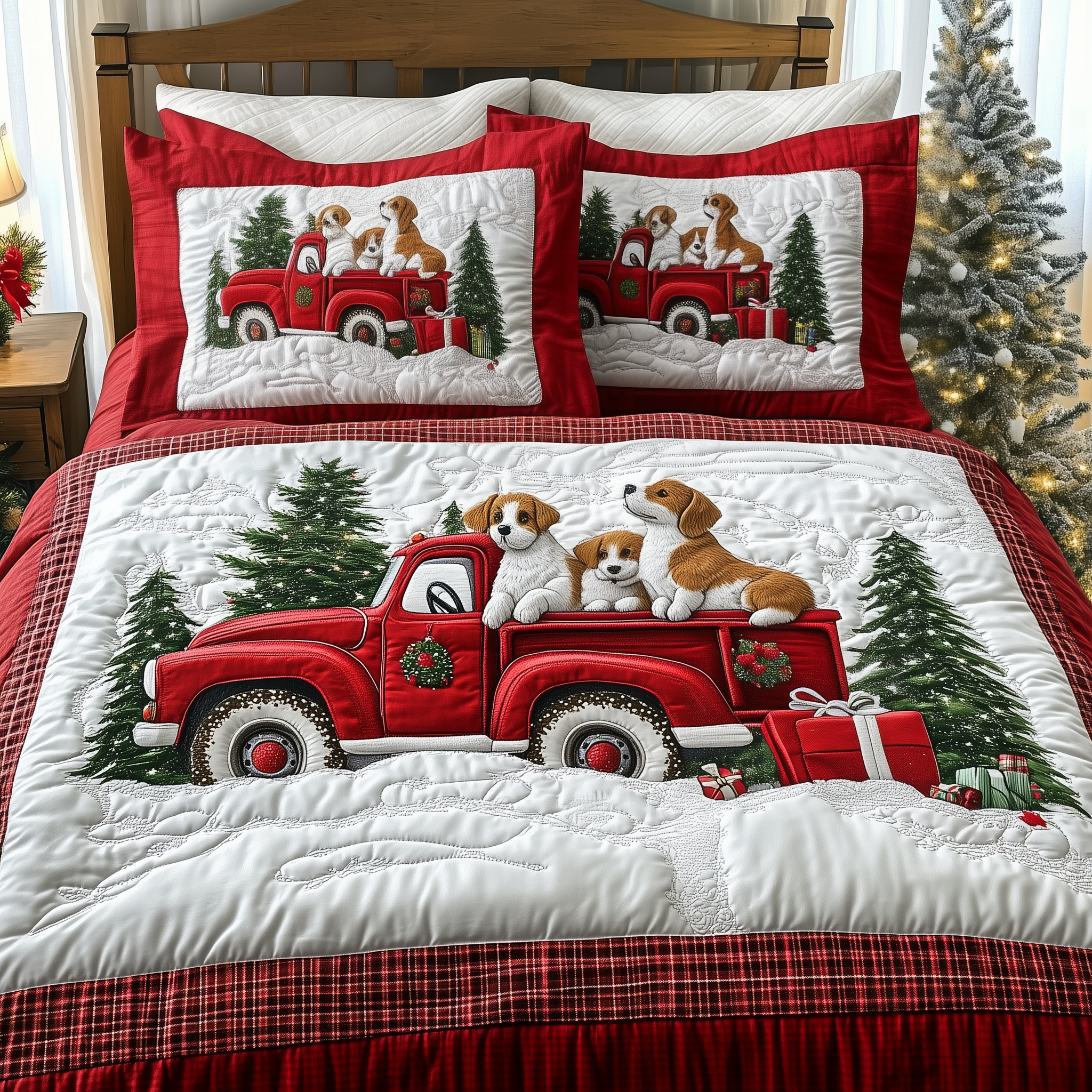 A Christmas Dog Ride Quilted Bedding Set Best Christmas Comforters Christmas Gifts For Friends
